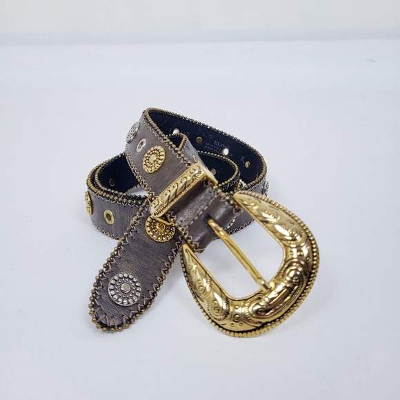 Vintage Genuine Leather Western Gold Belt adjustable silver hardware - Picture 4 of 9